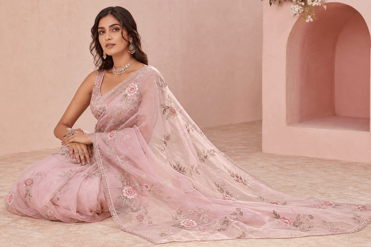Blush Organza Embroidered Saree — Saavi Trendcape