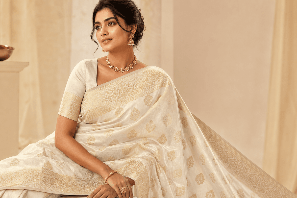 Ivory Banarasi Brocade Saree — Saavi Trendcape