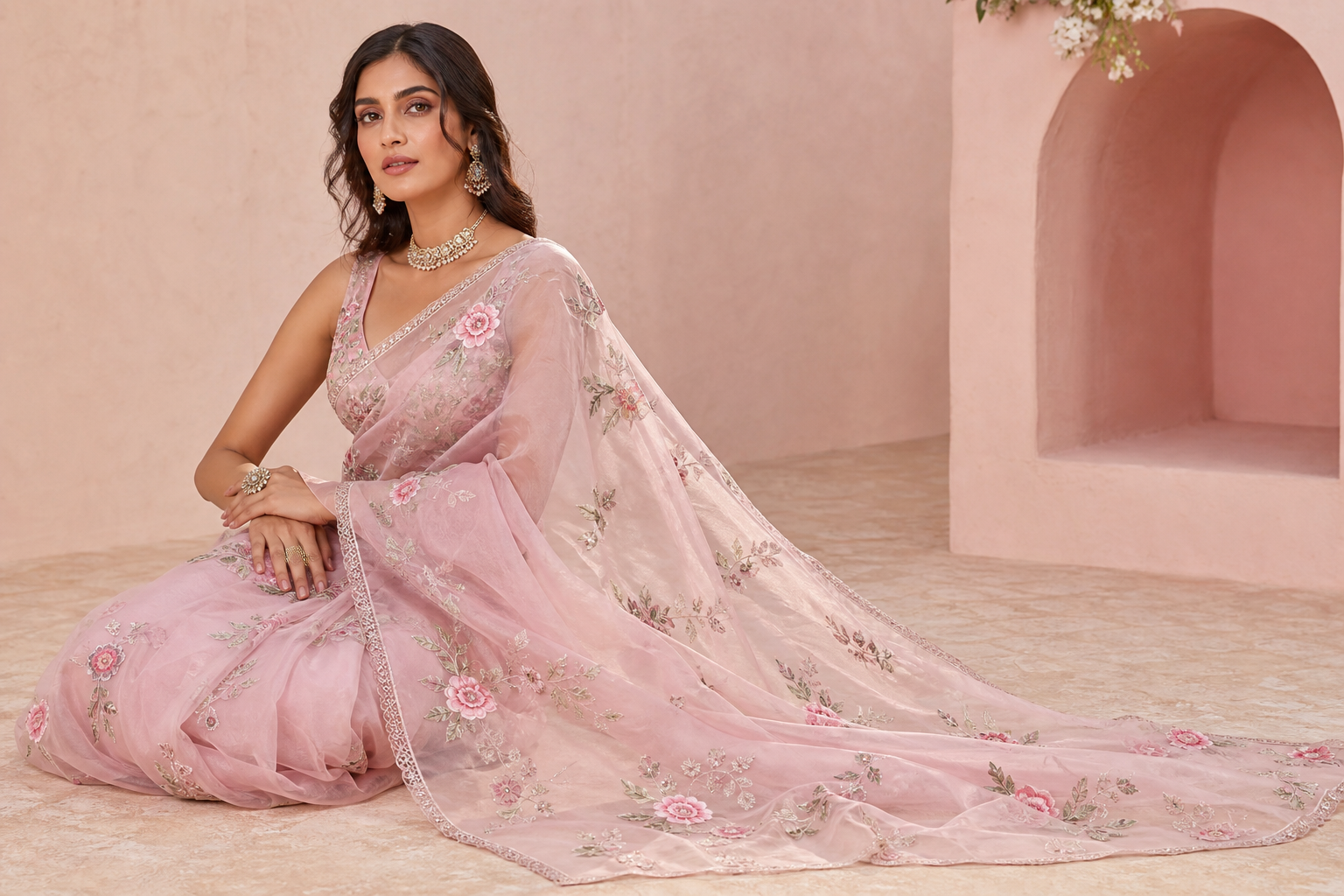Blush Organza Embroidered Saree — Saavi Trendcape